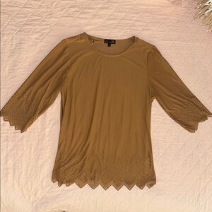 Tan Blouse with Three Quarter Sleeves and Scalloped Hem